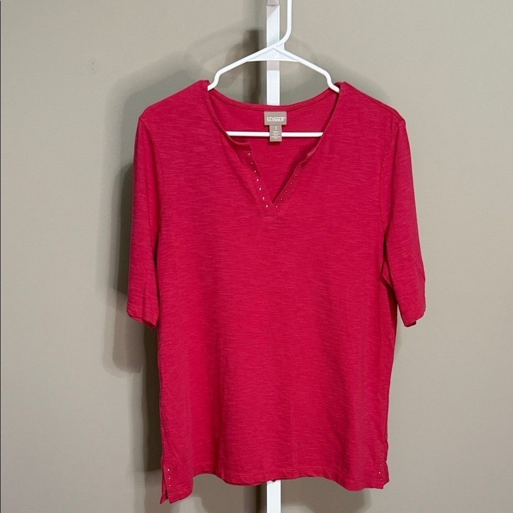 Chico's M Red Top 100%‎ Cotton Soft Stretch Casual V-Neck Normcore